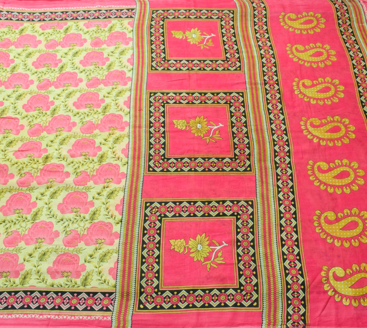Sushila Vintage Light Yellow Saree 100% Pure Cotton Printed Soft Craft Fabric