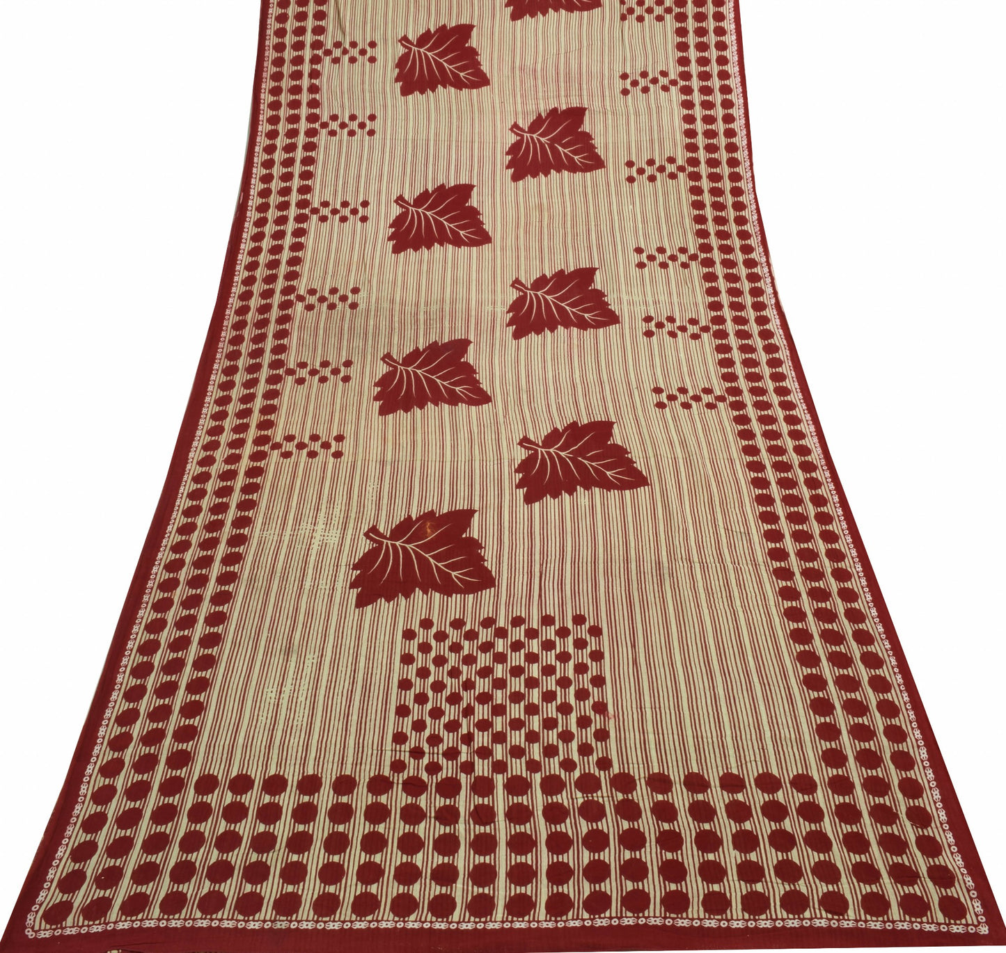 Sushila Vintage Cream Saree Pure Cotton Stripes Polka Dot Printed Craft Fabric