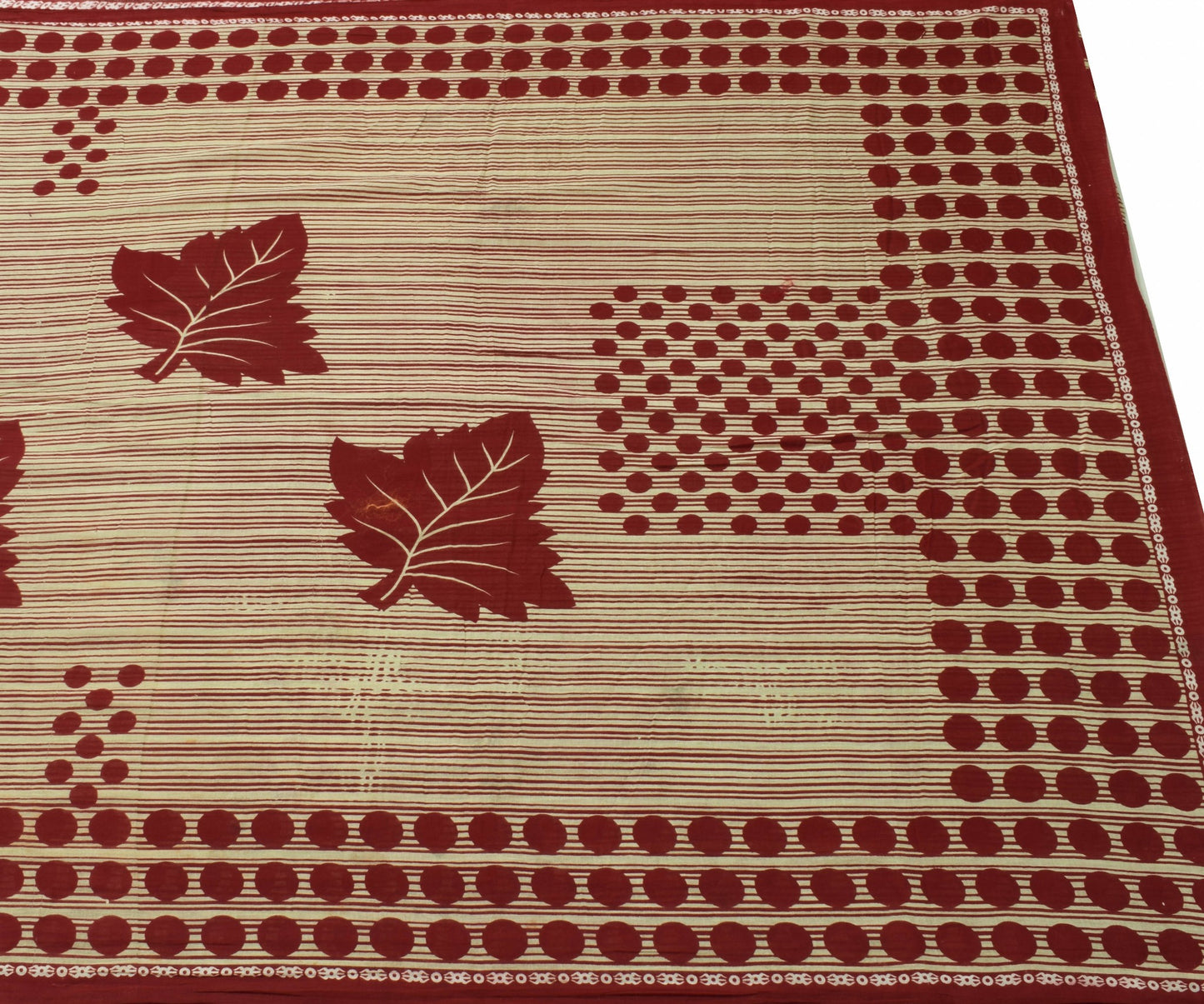 Sushila Vintage Cream Saree Pure Cotton Stripes Polka Dot Printed Craft Fabric