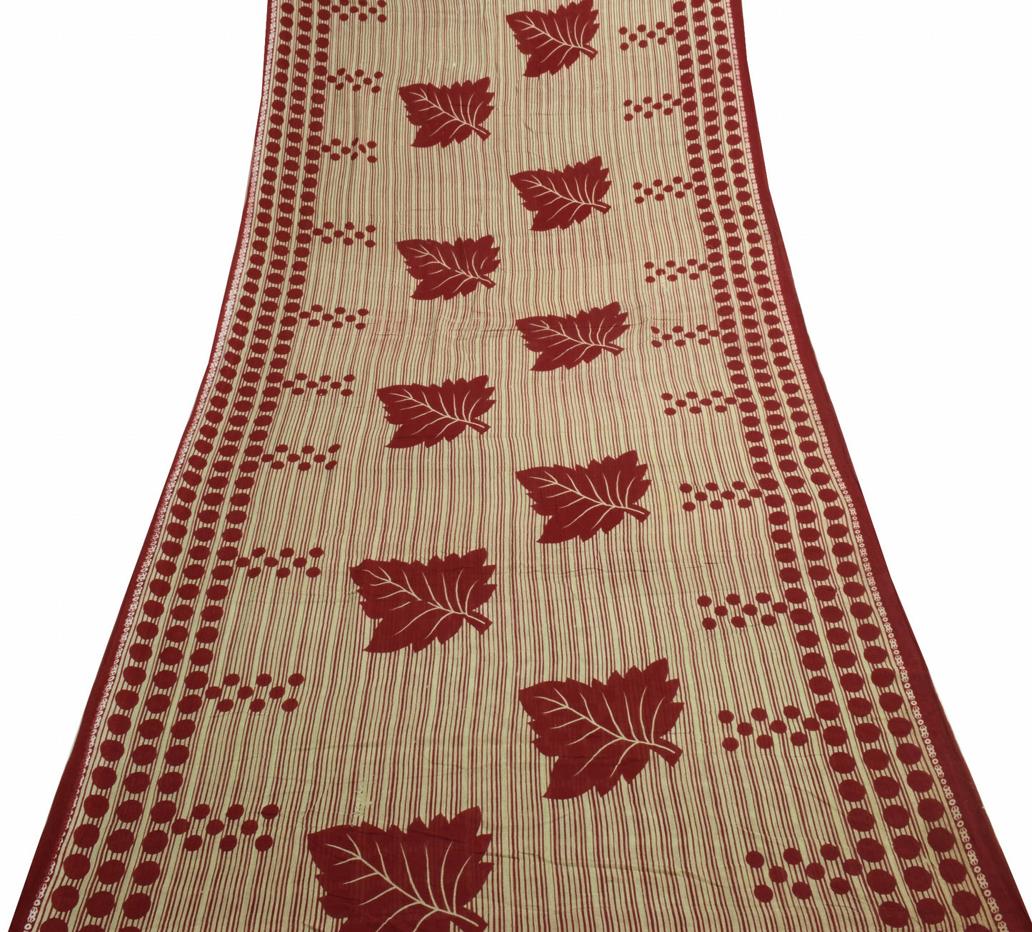 Sushila Vintage Cream Saree Pure Cotton Stripes Polka Dot Printed Craft Fabric
