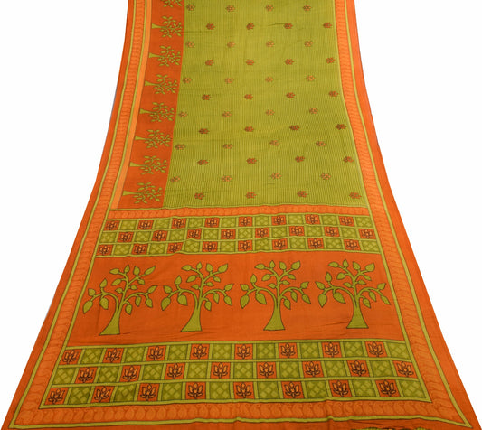 Sushila Vintage Green Orange Saree 100% Pure Cotton Printed Soft Craft Fabric
