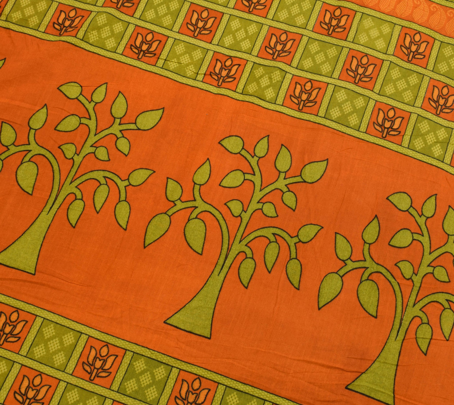 Sushila Vintage Green Orange Saree 100% Pure Cotton Printed Soft Craft Fabric