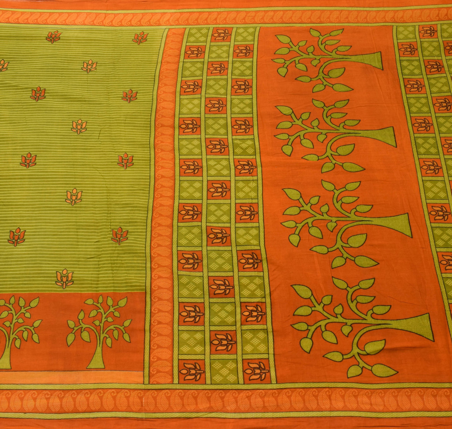 Sushila Vintage Green Orange Saree 100% Pure Cotton Printed Soft Craft Fabric