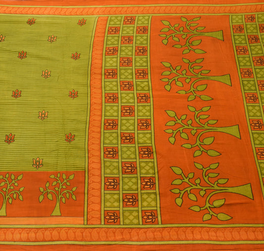 Sushila Vintage Green Orange Saree 100% Pure Cotton Printed Soft Craft Fabric