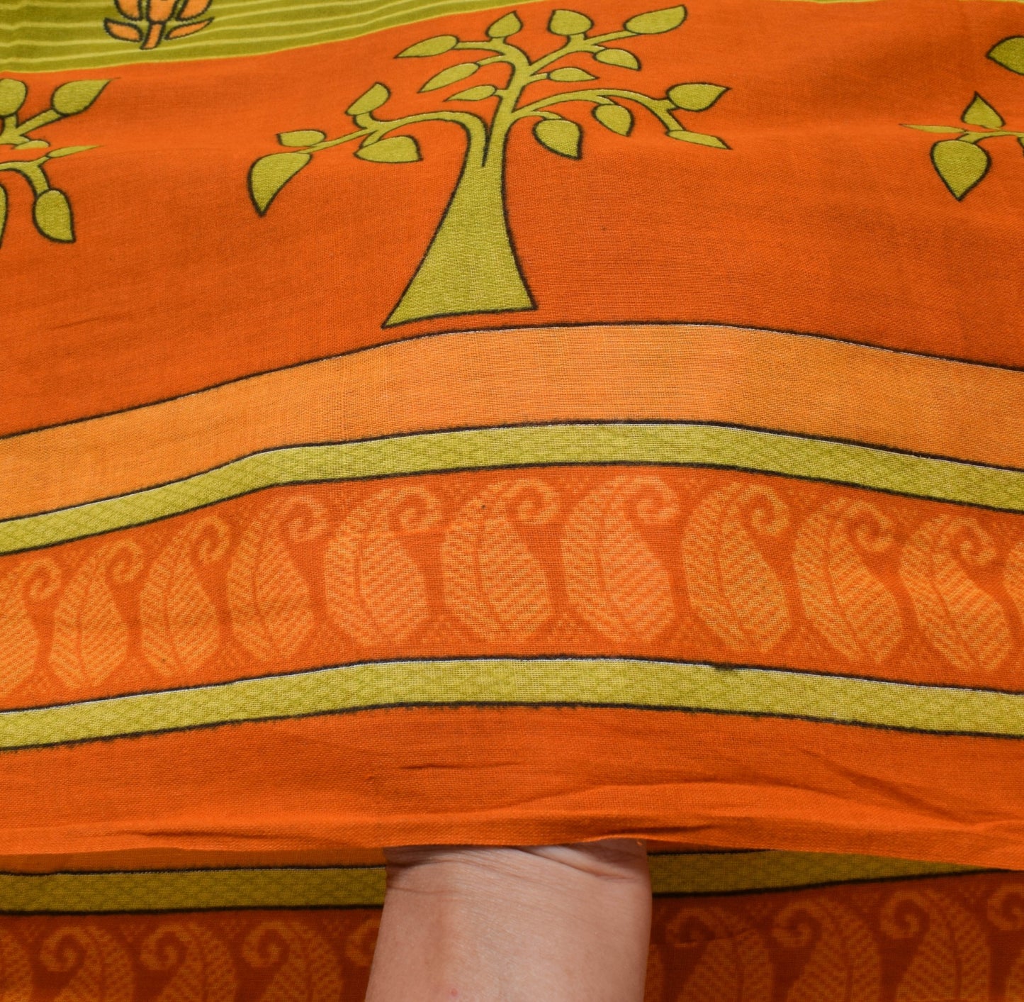 Sushila Vintage Green Orange Saree 100% Pure Cotton Printed Soft Craft Fabric