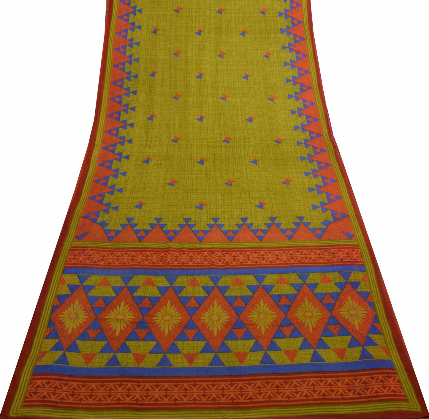 Sushila Vintage Green Saree Pure Cotton Geometrical Printed Soft Craft Fabric