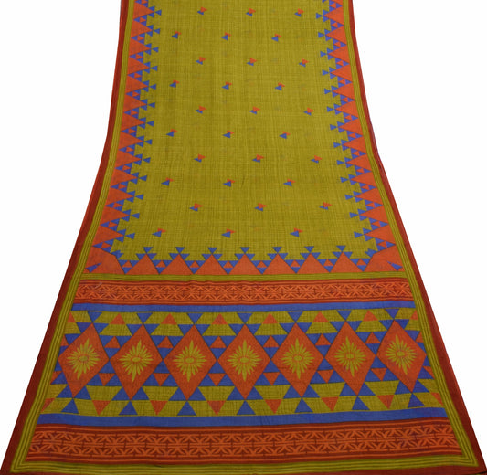 Sushila Vintage Green Saree Pure Cotton Geometrical Printed Soft Craft Fabric