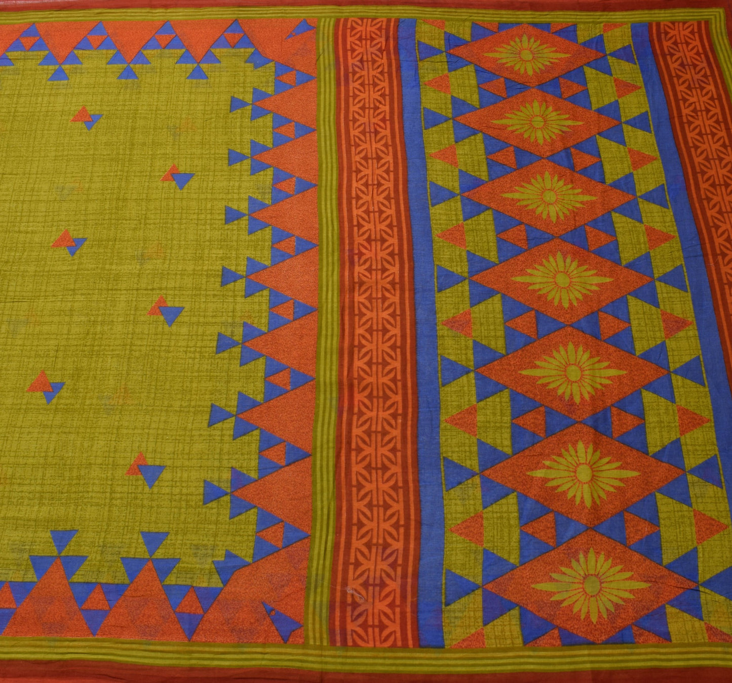 Sushila Vintage Green Saree Pure Cotton Geometrical Printed Soft Craft Fabric