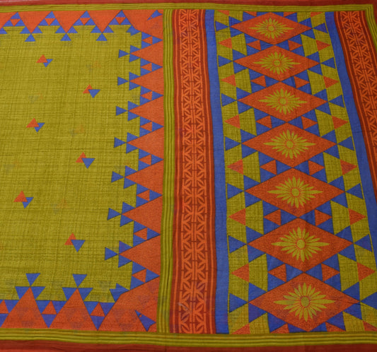 Sushila Vintage Green Saree Pure Cotton Geometrical Printed Soft Craft Fabric