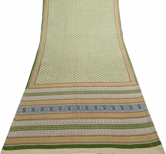 Sushila Vintage Cream Saree 100% Pure Cotton Printed Soft Craft Floral Fabric