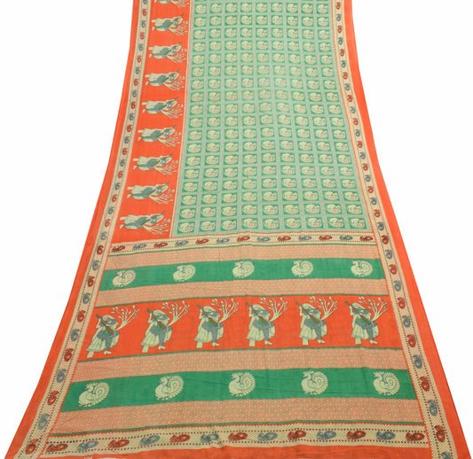 Sushila Vintage Green Saree 100% Pure Cotton Peacock Printed Soft Craft Fabric