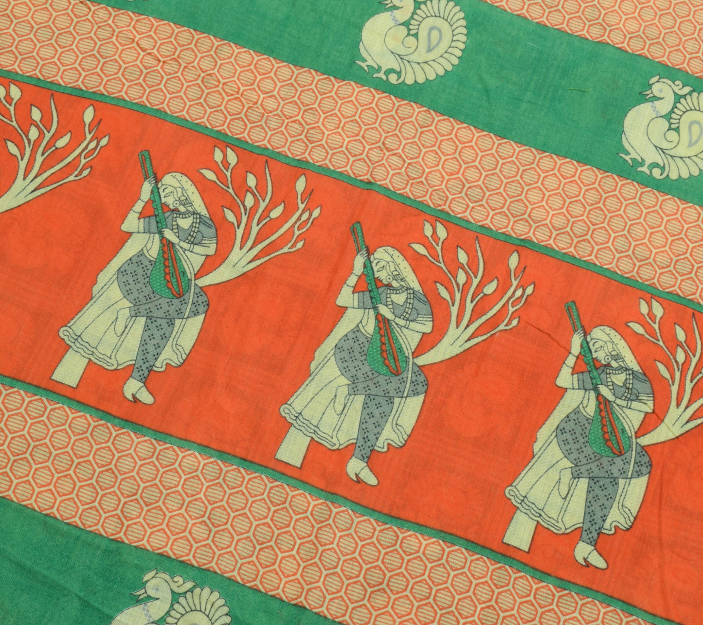 Sushila Vintage Green Saree 100% Pure Cotton Peacock Printed Soft Craft Fabric