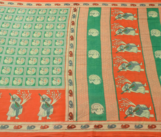 Sushila Vintage Green Saree 100% Pure Cotton Peacock Printed Soft Craft Fabric