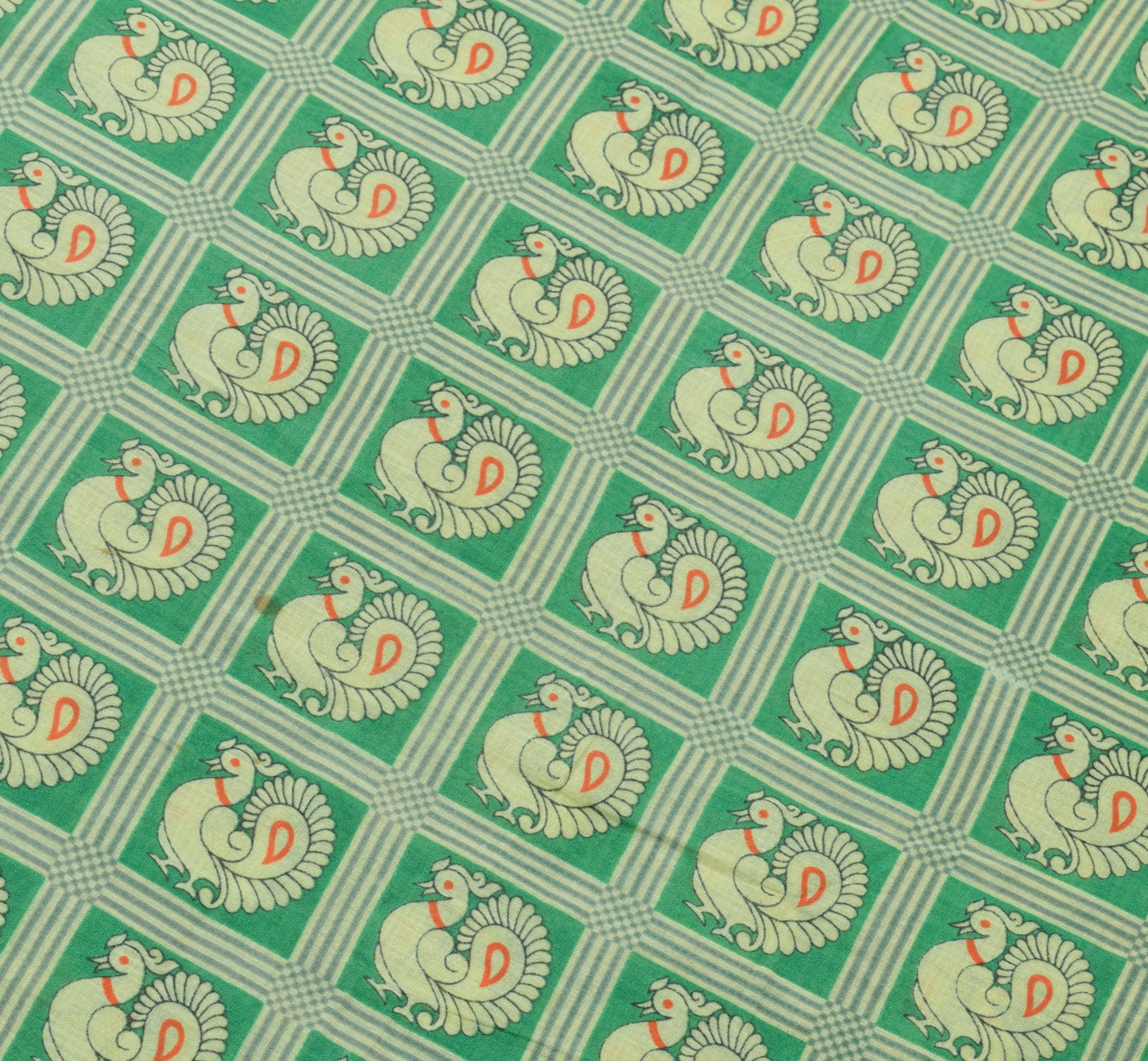 Sushila Vintage Green Saree 100% Pure Cotton Peacock Printed Soft Craft Fabric