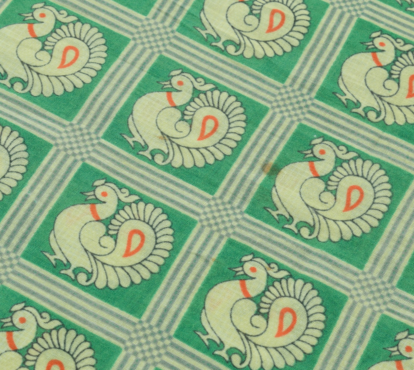 Sushila Vintage Green Saree 100% Pure Cotton Peacock Printed Soft Craft Fabric