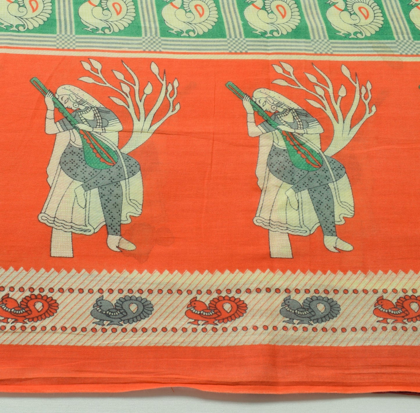Sushila Vintage Green Saree 100% Pure Cotton Peacock Printed Soft Craft Fabric