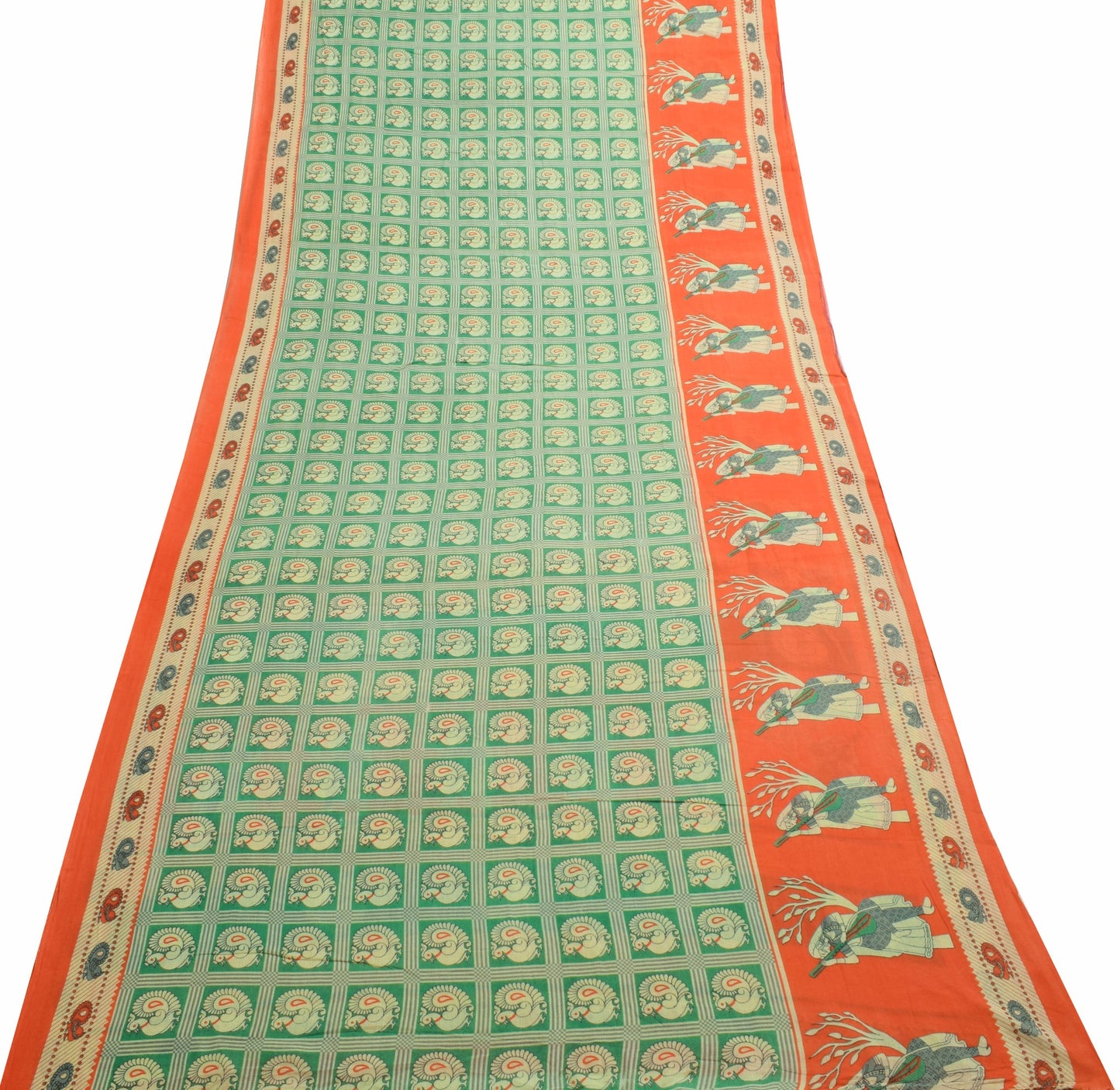 Sushila Vintage Green Saree 100% Pure Cotton Peacock Printed Soft Craft Fabric