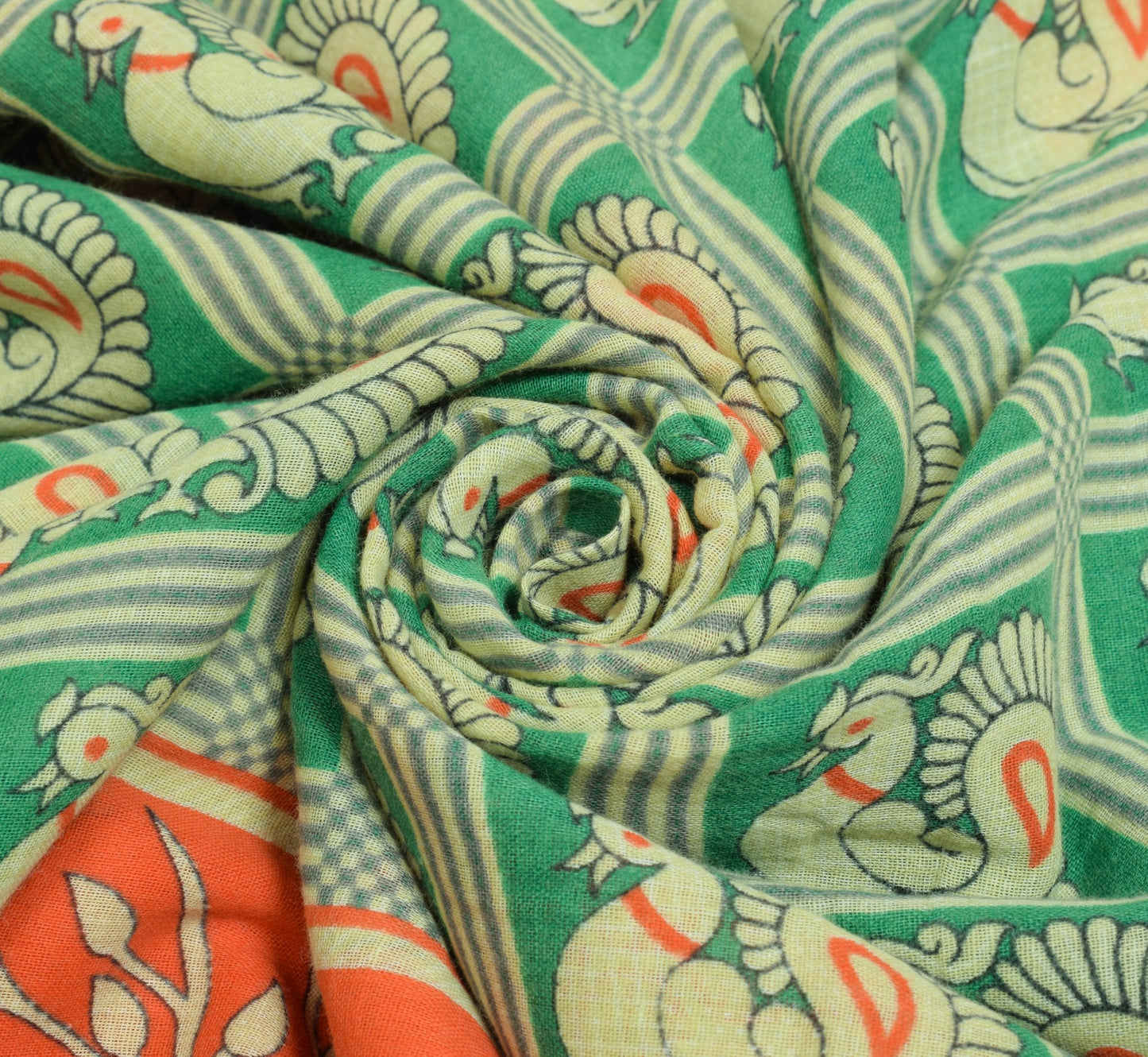 Sushila Vintage Green Saree 100% Pure Cotton Peacock Printed Soft Craft Fabric