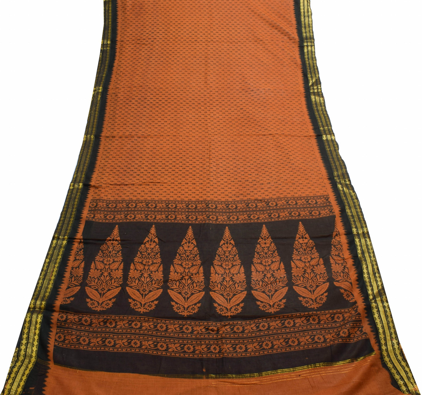 Sushila Vintage Floral Rust Saree 100% Pure Cotton Printed Indian Craft Fabric