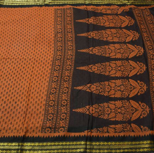 Sushila Vintage Floral Rust Saree 100% Pure Cotton Printed Indian Craft Fabric