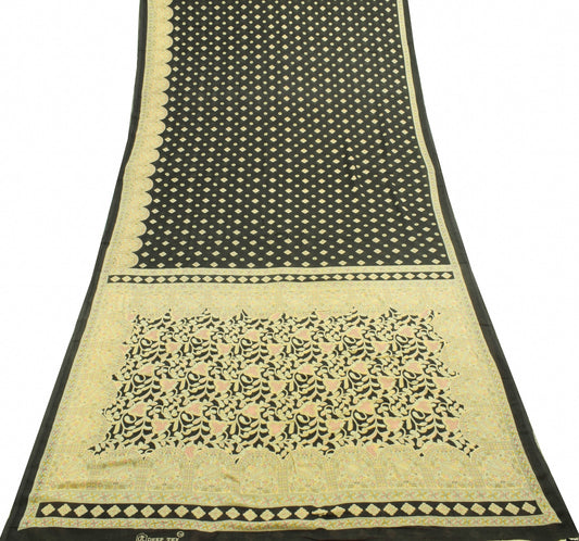 Sushila Vintage Black Saree Pure Cotton Madhubani Printed Soft Craft Fabric