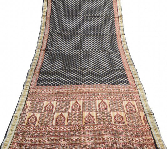 Sushila Vintage Saree 100% Pure Cotton Printed Black Floral Soft Craft Fabric