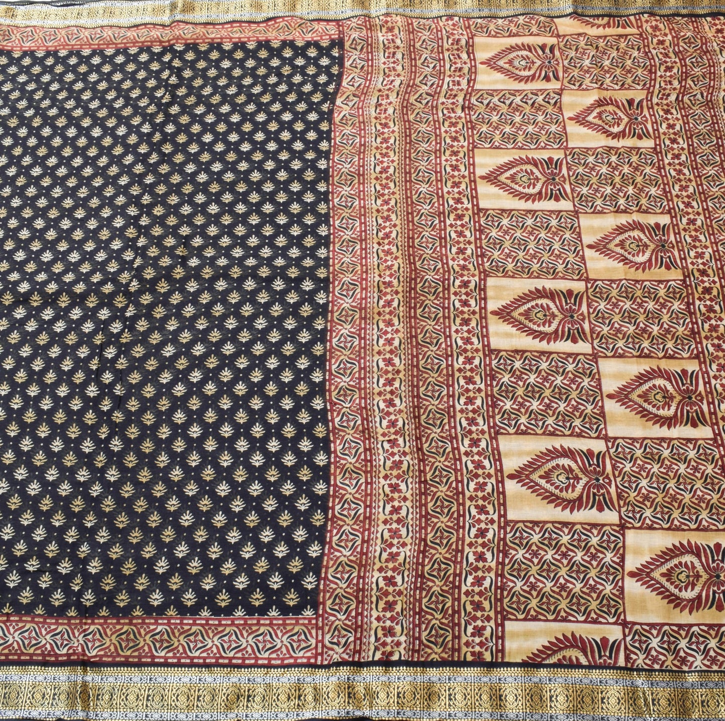 Sushila Vintage Saree 100% Pure Cotton Printed Black Floral Soft Craft Fabric