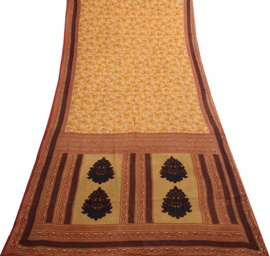 Sushila Vintage Saree 100% Pure Cotton Printed Floral Yellow Soft Craft Fabric