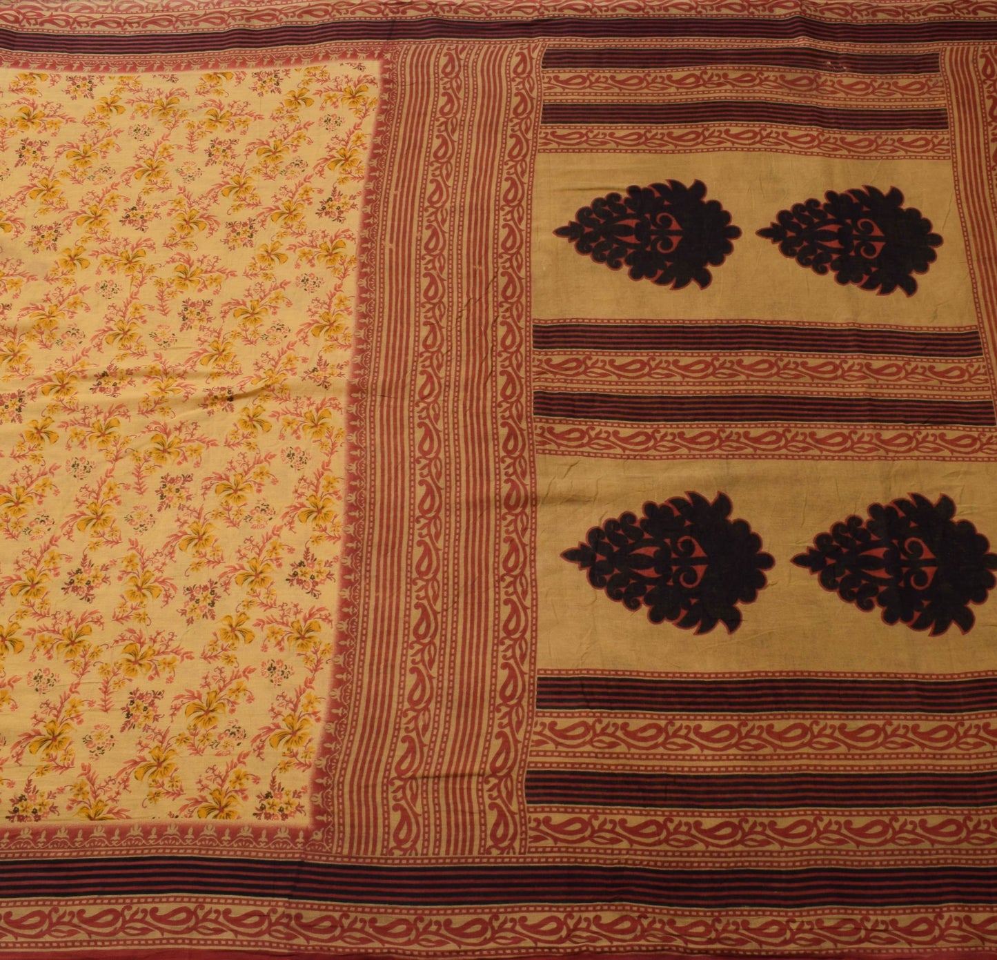 Sushila Vintage Saree 100% Pure Cotton Printed Floral Yellow Soft Craft Fabric