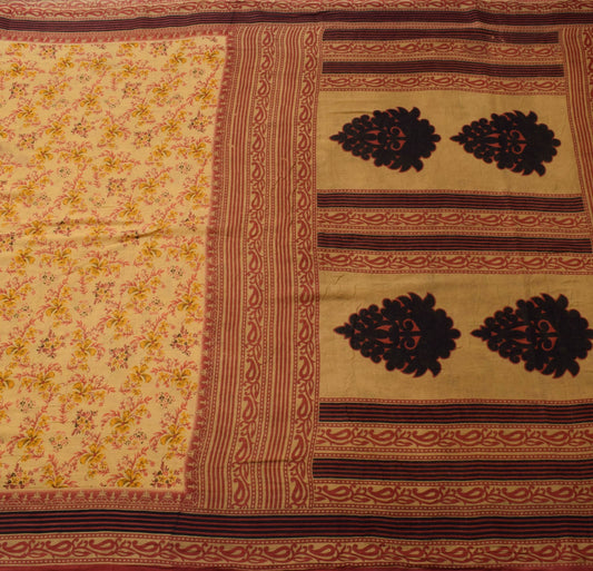 Sushila Vintage Saree 100% Pure Cotton Printed Floral Yellow Soft Craft Fabric
