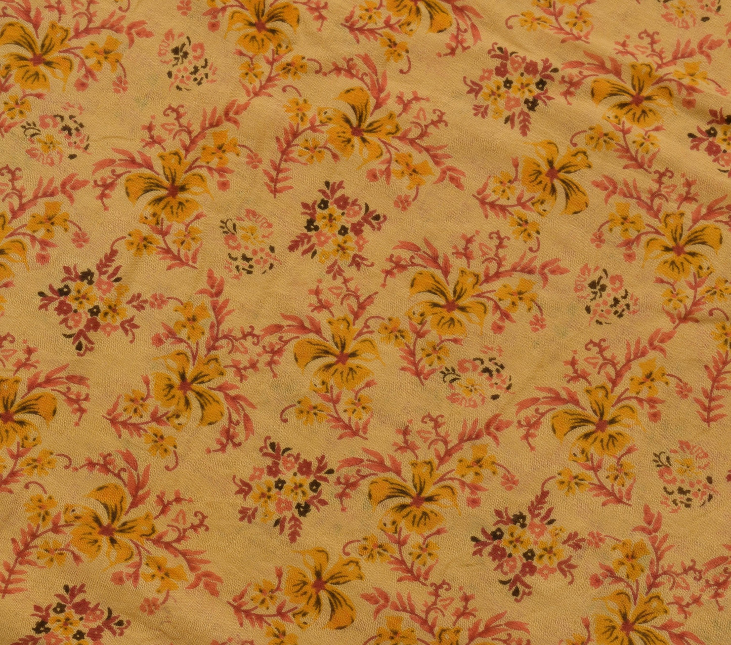Sushila Vintage Saree 100% Pure Cotton Printed Floral Yellow Soft Craft Fabric