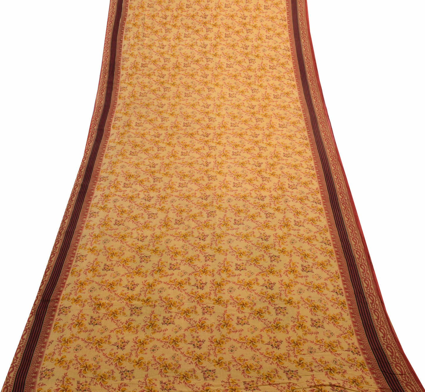 Sushila Vintage Saree 100% Pure Cotton Printed Floral Yellow Soft Craft Fabric