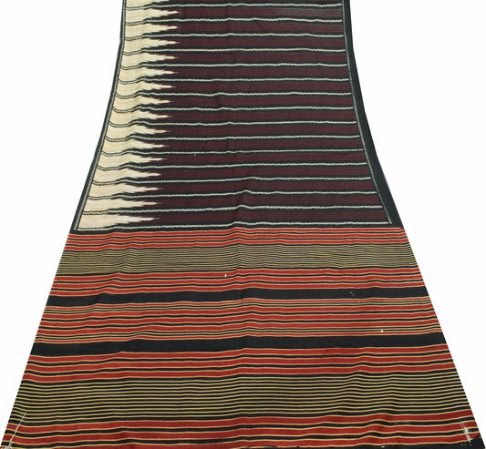 Sushila Vintage Black Saree 100% Pure Cotton Printed Stripes Women Craft Fabric