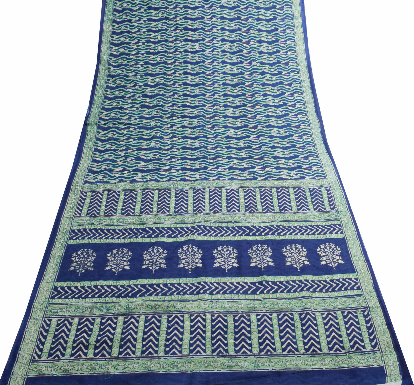 Sushila Vintage Blue & Green Women Saree 100% Pure Cotton Printed Craft Fabric