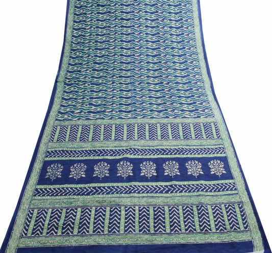 Sushila Vintage Blue & Green Women Saree 100% Pure Cotton Printed Craft Fabric