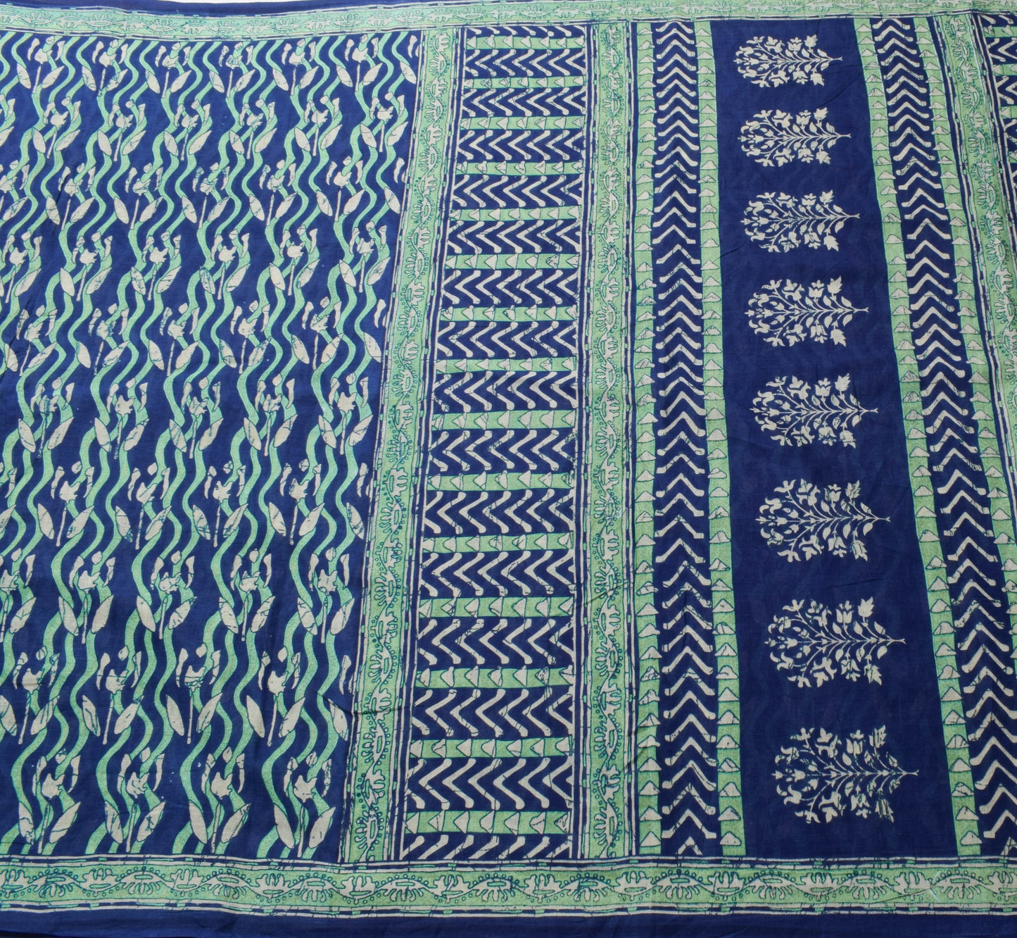 Sushila Vintage Blue & Green Women Saree 100% Pure Cotton Printed Craft Fabric