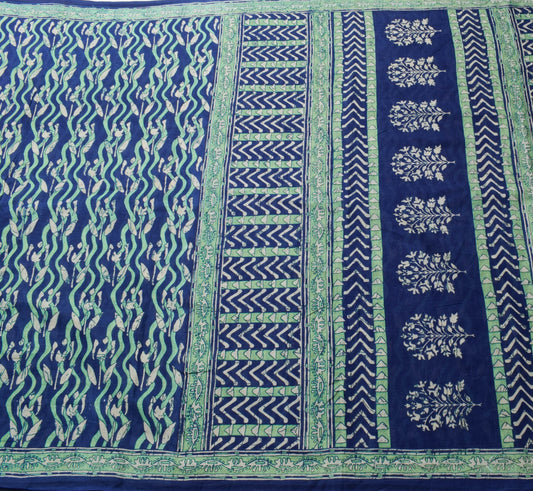 Sushila Vintage Blue & Green Women Saree 100% Pure Cotton Printed Craft Fabric