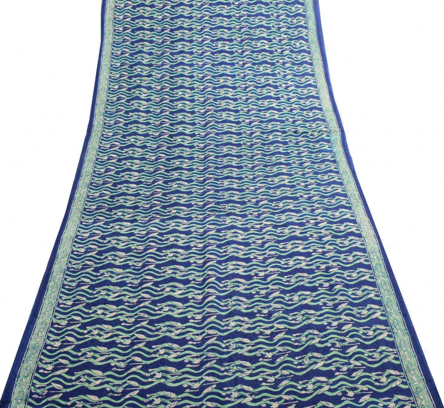 Sushila Vintage Blue & Green Women Saree 100% Pure Cotton Printed Craft Fabric