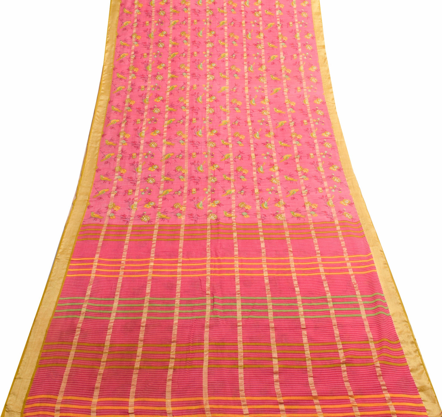 Sushila Vintage Pink Women Saree 100%Pure Cotton Birds Printed Soft Craft Fabric