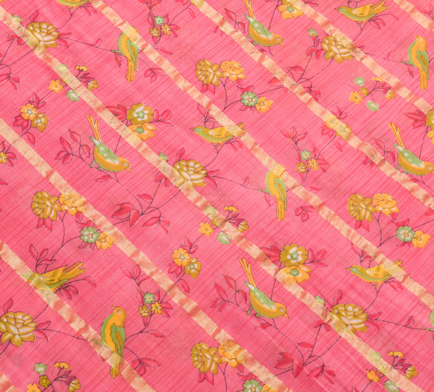 Sushila Vintage Pink Women Saree 100%Pure Cotton Birds Printed Soft Craft Fabric