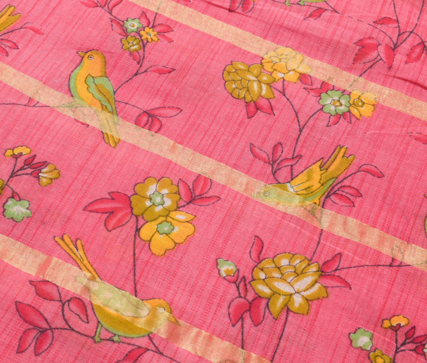 Sushila Vintage Pink Women Saree 100%Pure Cotton Birds Printed Soft Craft Fabric