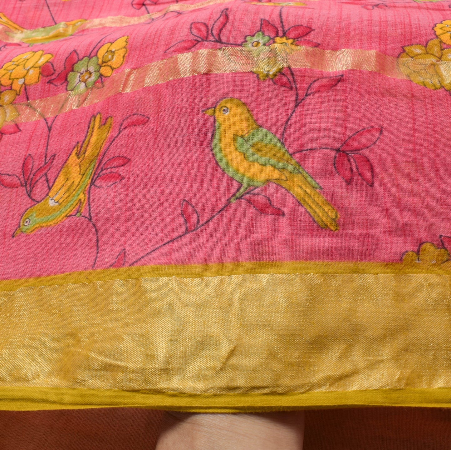 Sushila Vintage Pink Women Saree 100%Pure Cotton Birds Printed Soft Craft Fabric