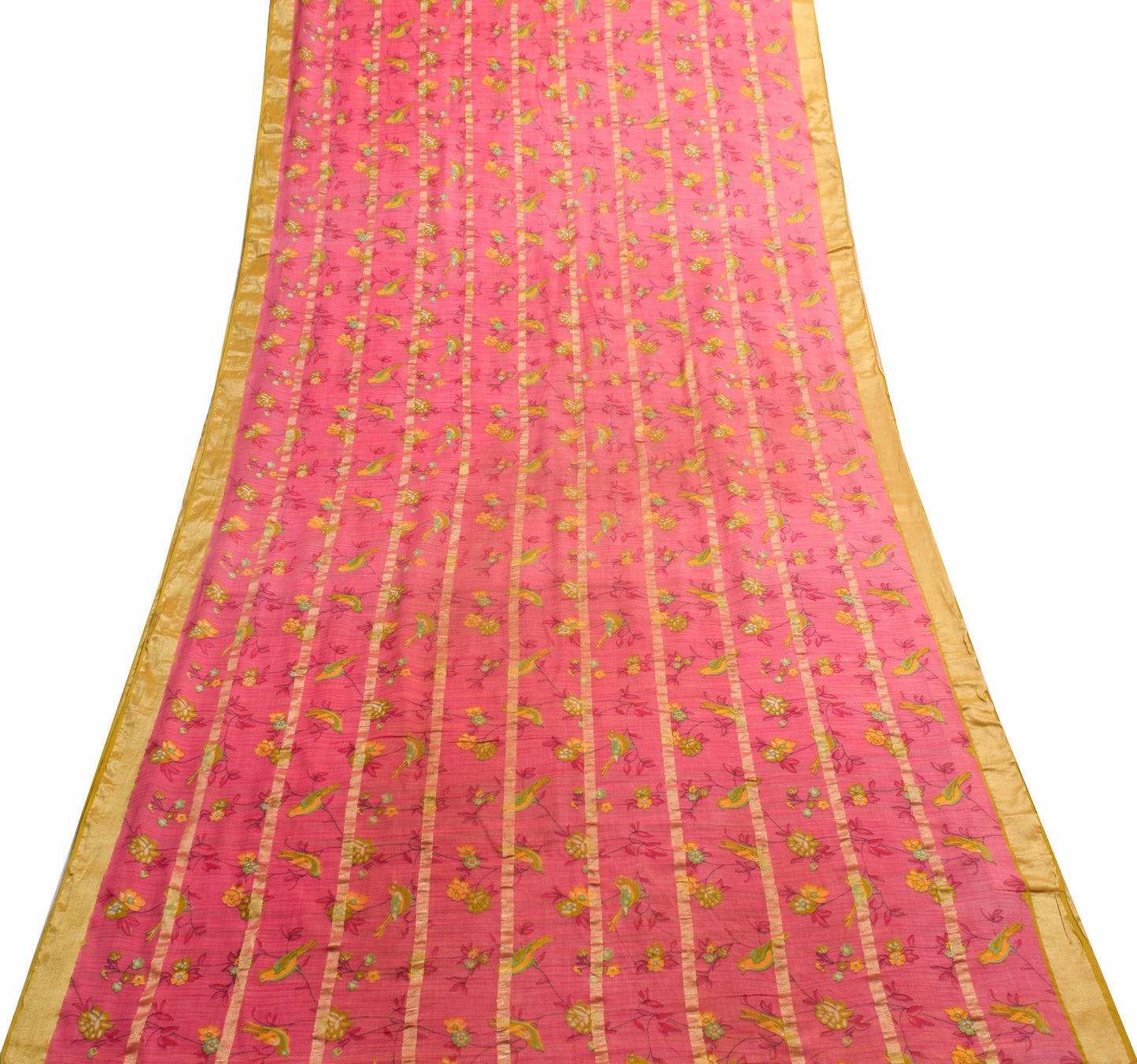 Sushila Vintage Pink Women Saree 100%Pure Cotton Birds Printed Soft Craft Fabric