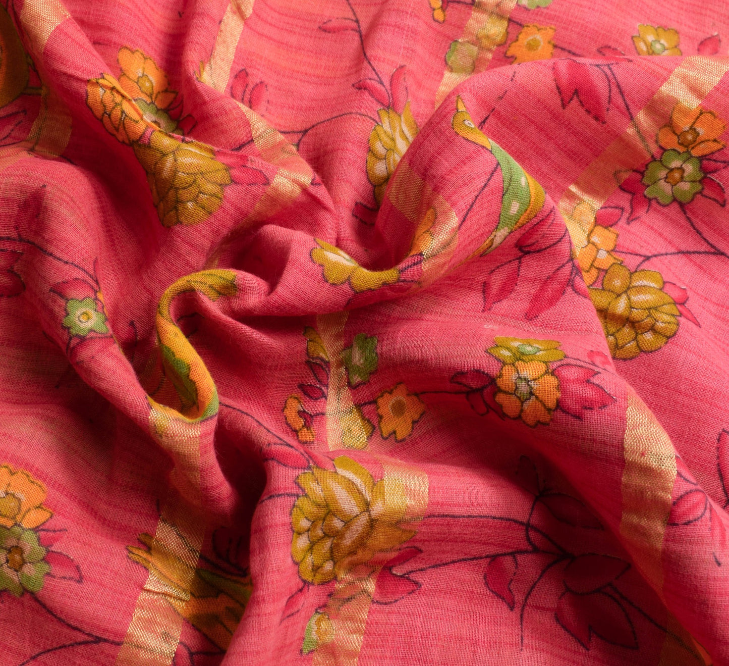 Sushila Vintage Pink Women Saree 100%Pure Cotton Birds Printed Soft Craft Fabric