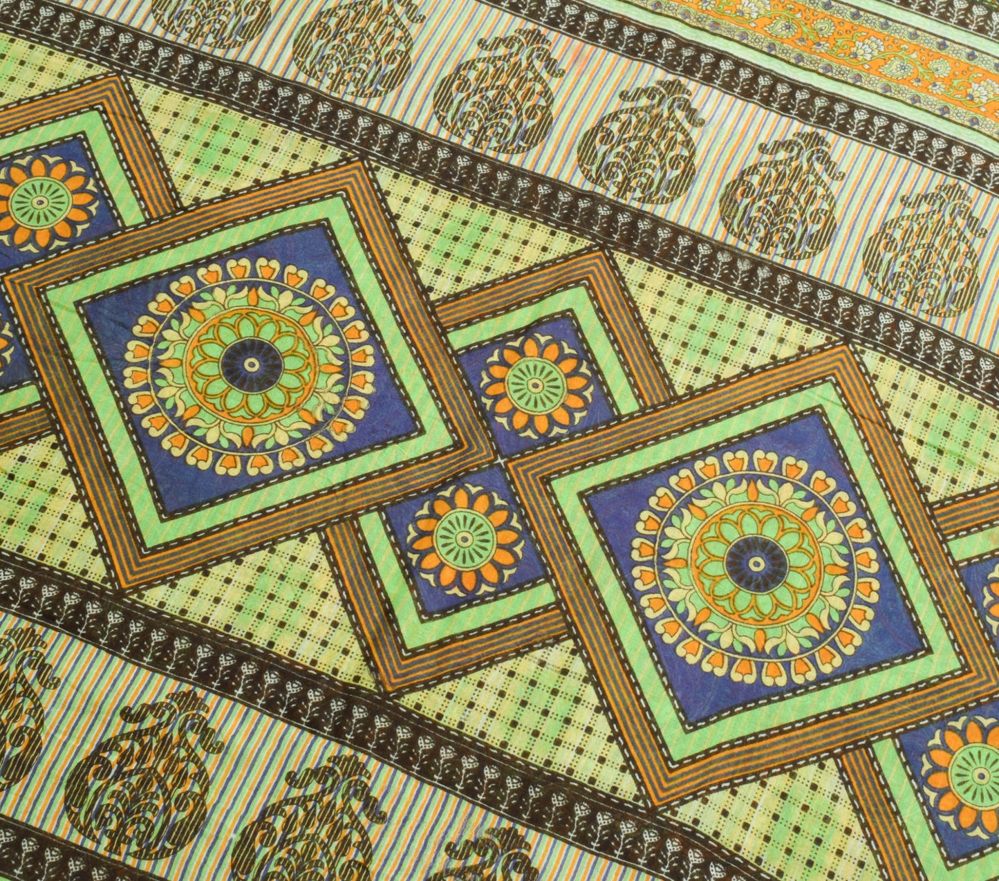 Sushila Vintage Green Saree 100% Pure Cotton Printed Paisley Soft Craft Fabric