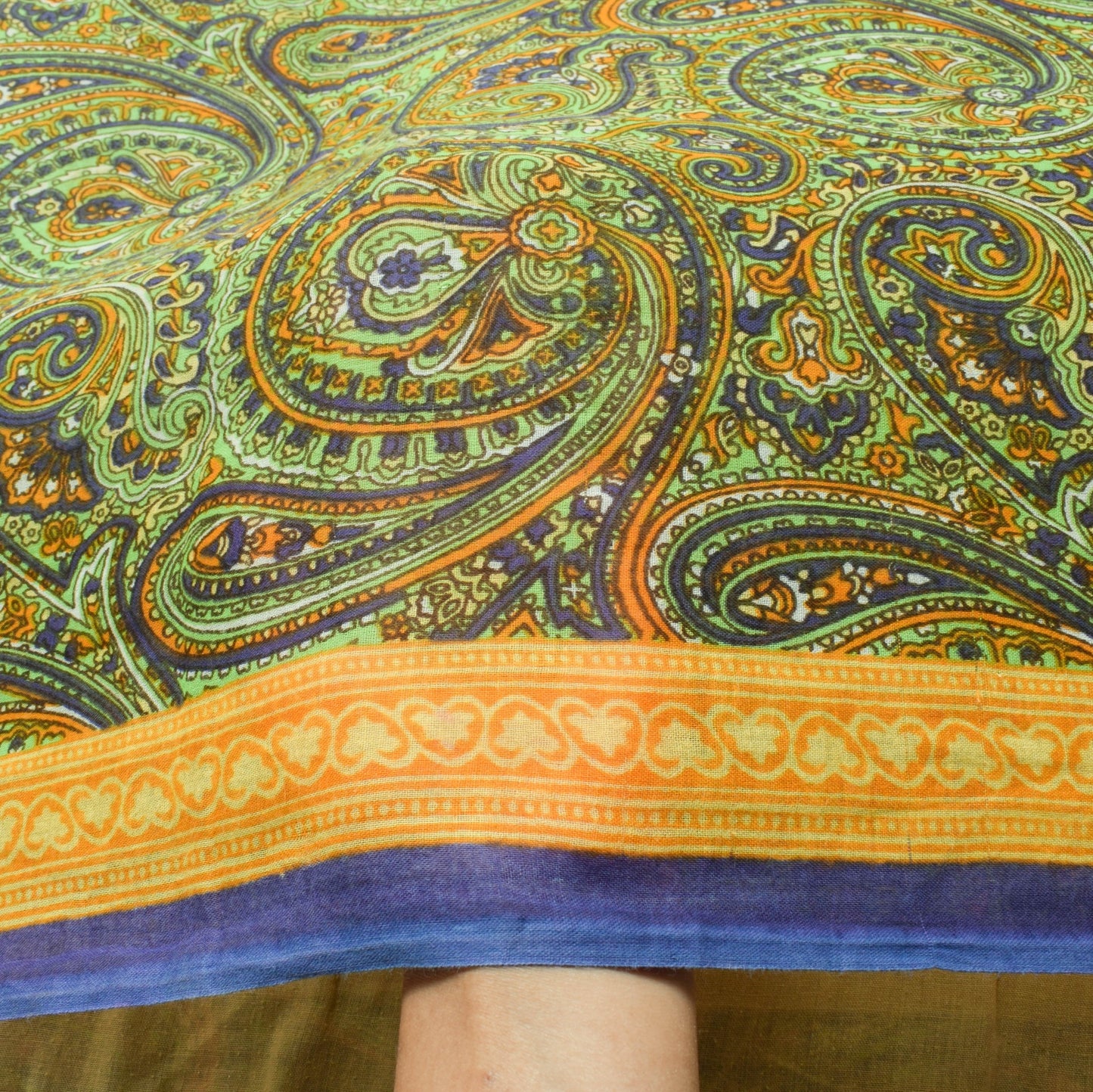 Sushila Vintage Green Saree 100% Pure Cotton Printed Paisley Soft Craft Fabric