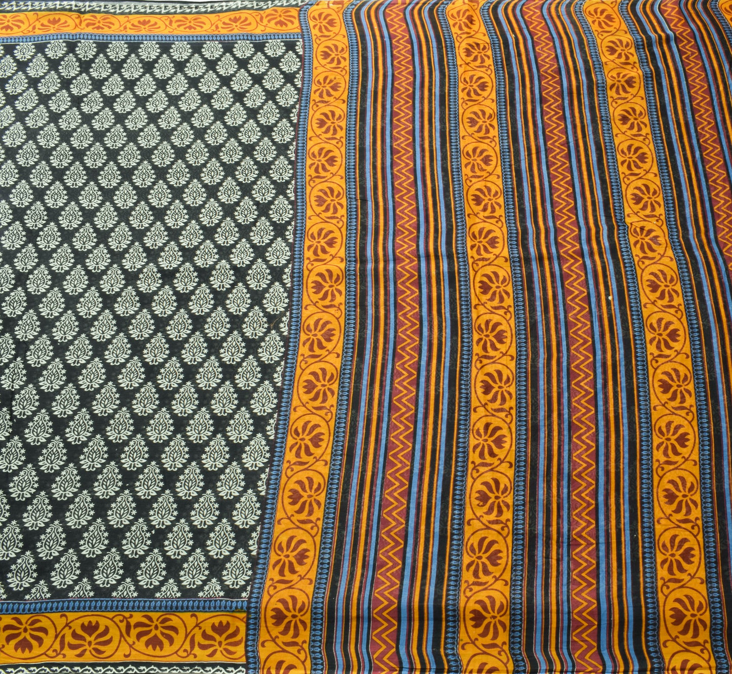 Sushila Vintage Black Classy Saree 100% Pure Cotton Floral Printed Craft Fabric