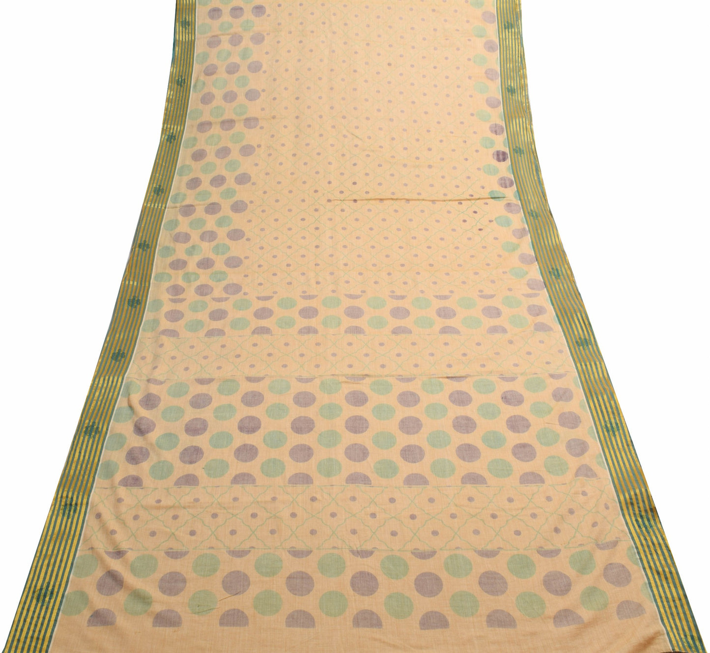 Sushila Vintage Beige Saree 100% Pure Cotton Polka Dot Printed Soft Craft Fabric