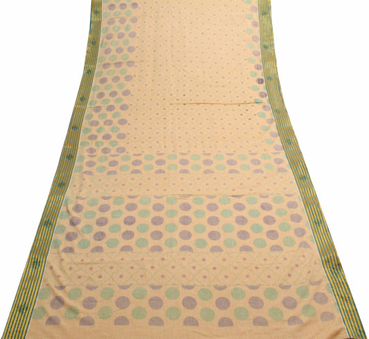 Sushila Vintage Beige Saree 100% Pure Cotton Polka Dot Printed Soft Craft Fabric