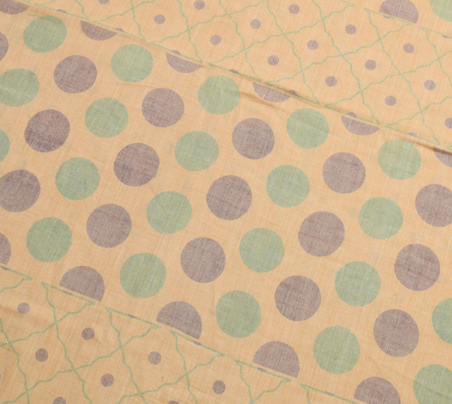 Sushila Vintage Beige Saree 100% Pure Cotton Polka Dot Printed Soft Craft Fabric